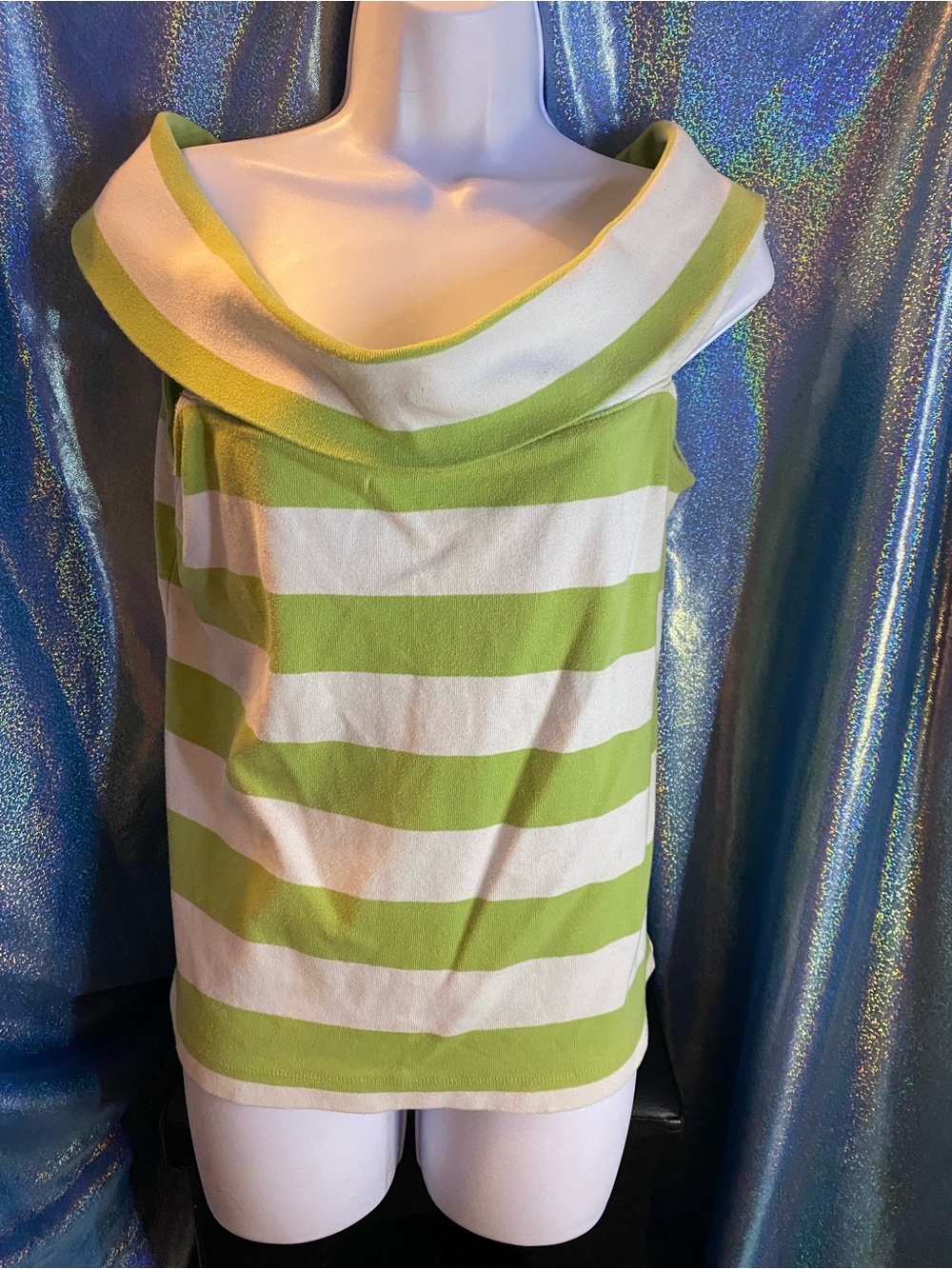 Rafaella Lime Green & White Striped Off-Shoulder Top